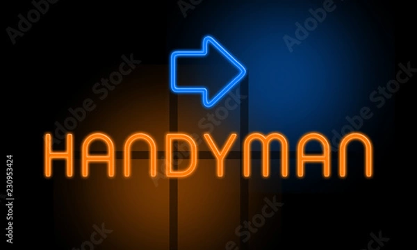 Fototapeta Handyman - orange glowing text with an arrow on dark background