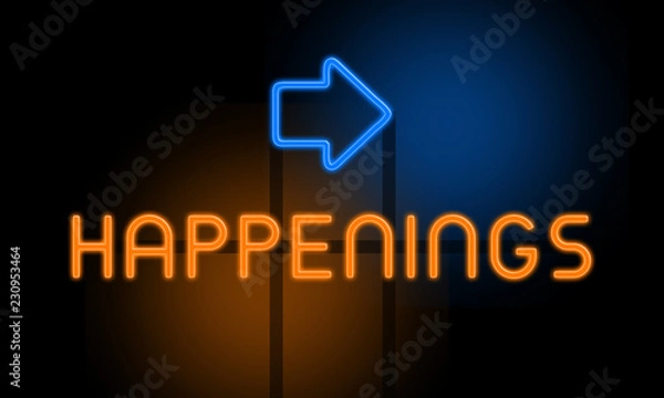 Fototapeta Happenings - orange glowing text with an arrow on dark background