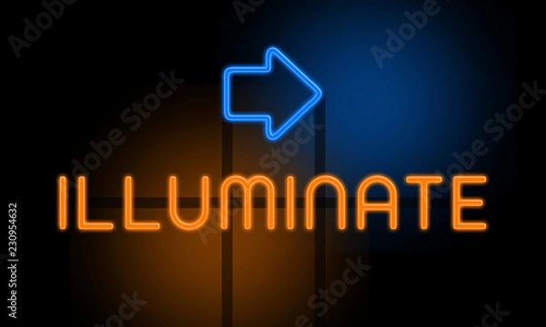 Fototapeta Illuminate - orange glowing text with an arrow on dark background