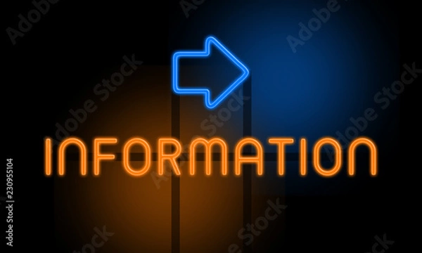 Fototapeta Information - orange glowing text with an arrow on dark background