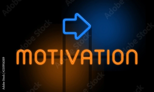 Fototapeta Motivation - orange glowing text with an arrow on dark background