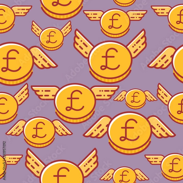 Fototapeta British pound coins with wings, seamless vector pattern, british currency
