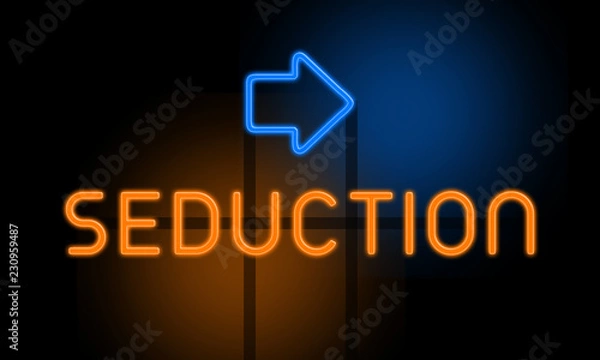 Fototapeta Seduction - orange glowing text with an arrow on dark background