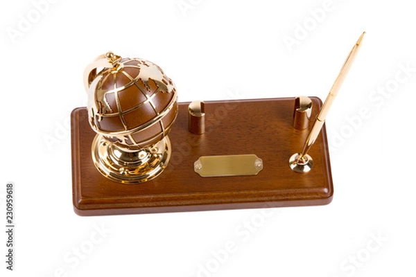 Obraz Table souvenir globe on stand with pen on white background