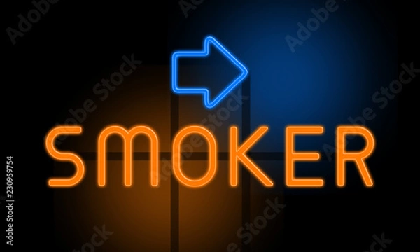 Fototapeta Smoker - orange glowing text with an arrow on dark background