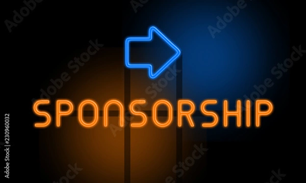 Fototapeta Sponsorship - orange glowing text with an arrow on dark background