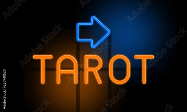 Fototapeta Tarot - orange glowing text with an arrow on dark background