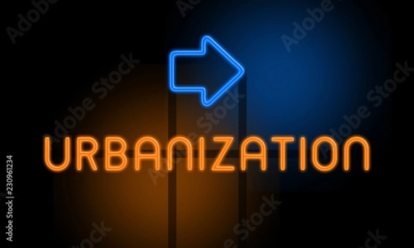 Fototapeta Urbanization - orange glowing text with an arrow on dark background