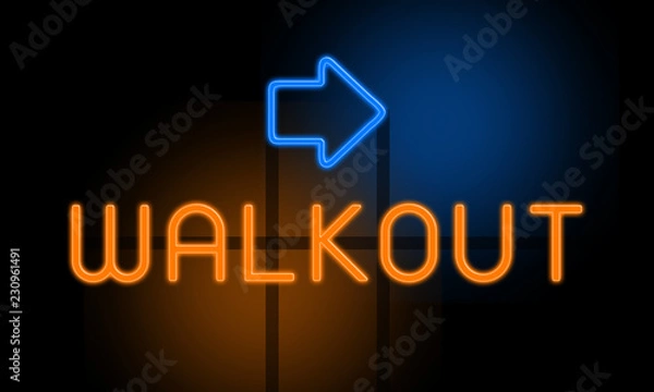 Fototapeta Walkout - orange glowing text with an arrow on dark background