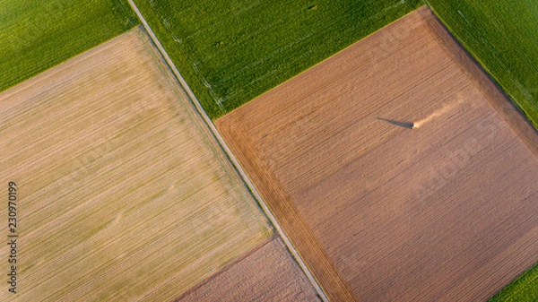 Obraz Bauer bei Feldarbeit mit Traktor aus Luft