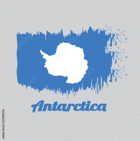 Fototapeta Brush style color flag of Antarctica, A plain white map of the continent on a blue background. with text Antarctica.