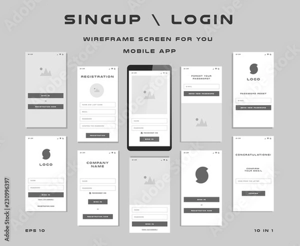 Fototapeta Zestawy UI 10 w 1. Ekrany szkieletowe dla Twojej aplikacji mobilnej. Szablon GUI na temat logowania singup. Interfejs programistyczny z projektem UX. Ilustracji wektorowych. EPS 10