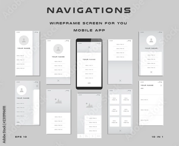 Fototapeta Zestawy UI 10 w 1. Ekrany szkieletowe dla Twojej aplikacji mobilnej. Szablon GUI na temat nawigacji. Interfejs programistyczny z projektem UX. Ilustracji wektorowych. EPS 10