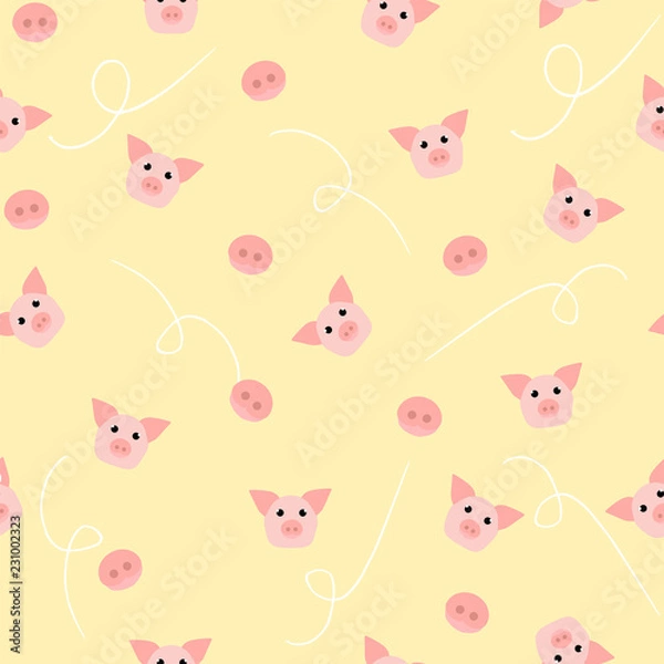 Fototapeta Seamless pattern with pigs and snouts on beige background. Vector illustration