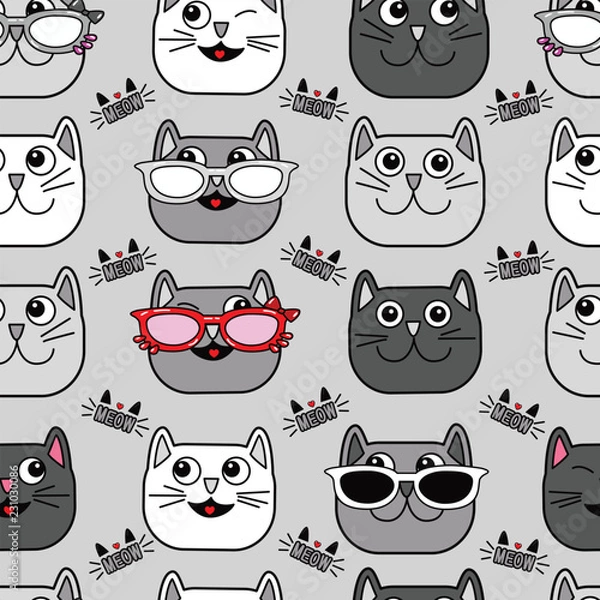 Fototapeta Abstract seamless cat pattern for girls, boys, clothes. Creative vector background with cat, glasses, eyes, mustache.Funny wallpaper for textile and fabric. Fashion cat style. Colorful bright.