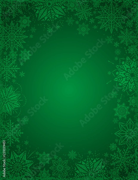 Fototapeta Green christmas background with frame of snowflakes and stars, vector illustration