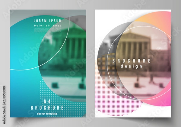 Fototapeta The vector layout of A4 format modern cover mockups design templates for brochure, magazine, flyer, booklet, annual report. Creative modern bright background with colorful circles and round shapes