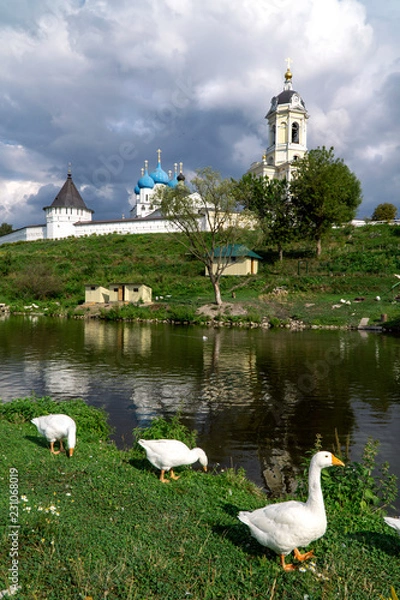 Obraz summer landscape with pond, geese and monastery
