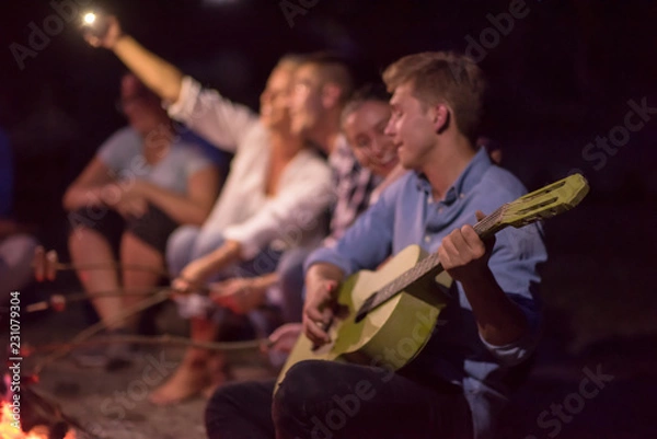 Fototapeta young friends relaxing around campfire