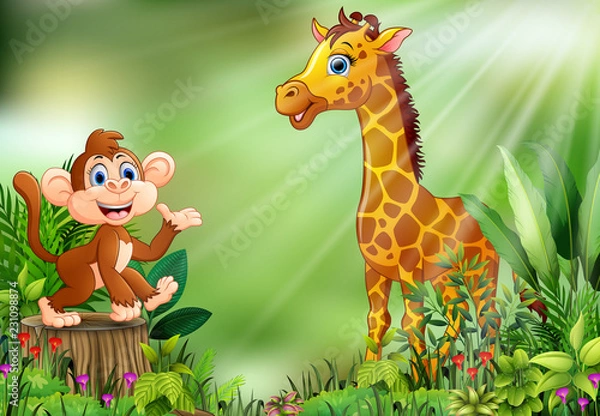 Fototapeta Cartoon of the nature scene with a monkey sitting on tree stump and giraffe