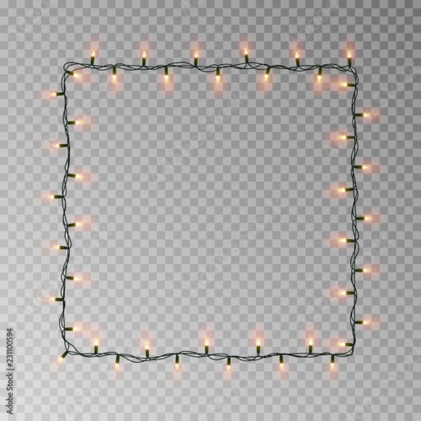 Obraz Christmas lights square vector, light string frame isolated on dark background with copy space. Tran