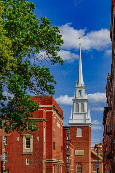 Fototapeta Spire of Old North Church with historical buildings in North End of Boston, USA