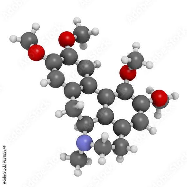 Fototapeta Glaucine alkaloid molecule. Found in yellow hornpoppy (Glaucium flavum) and a number of other plants. 3D rendering. Atoms are represented as spheres with conventional color coding.