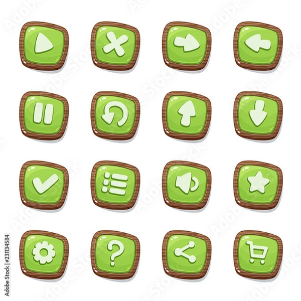 Obraz Set of 16 green jelly icons in wooden frames isolated on white background for game user interface. Mobile app vector elements template in cartoon style.