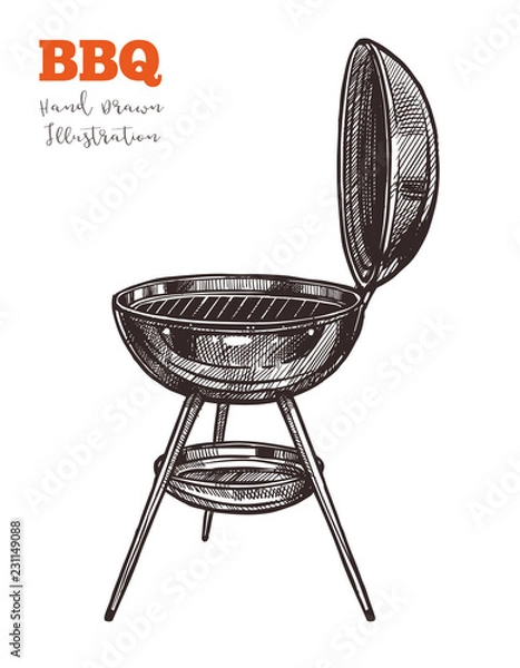 Obraz Bbq kettle grill outline black hand drawn sketch. Charcoal barbecue device for cooking snacks for summer picnic, parties, holidays outdoors. Vector illustration isolated on white background
