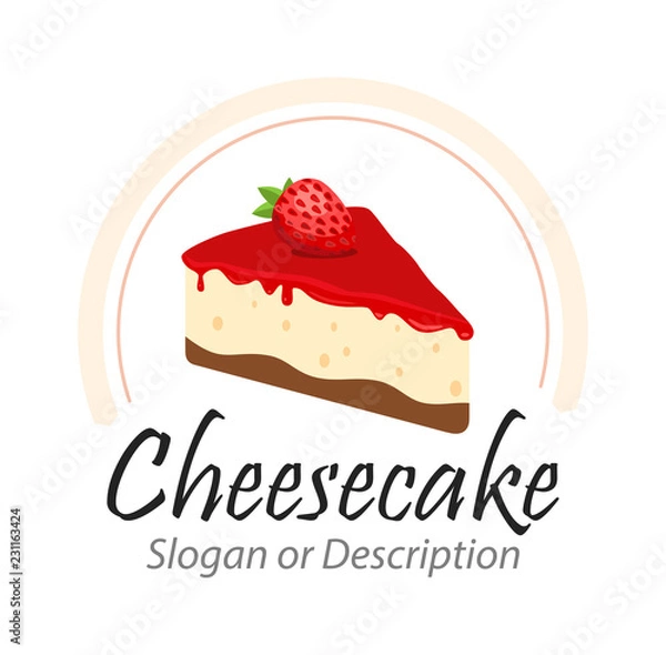 Fototapeta Smaczny sernik z truskawkami ilustracji z podpisami - emblemat wektor na białym tle.