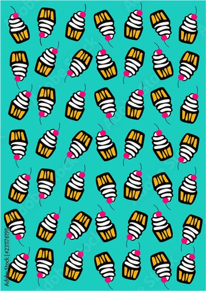 Obraz Cupcakes pattern on blue background, vector illustration, EPS 10, pop art style