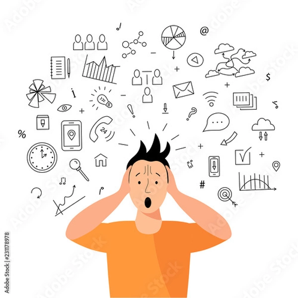 Obraz Person get too much information. Information and data overload concept. Digital information overload. Flat and line design styles.