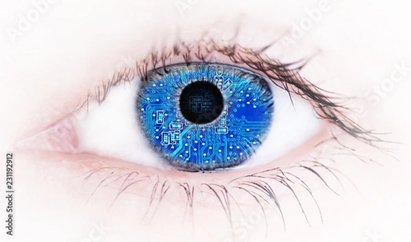 Obraz Human eye with with electronic circuit board reflection , artificial intelligence