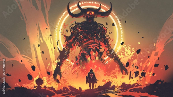 Obraz rycerz z mieczem w obliczu lawowego demona w piekle, styl sztuki cyfrowej, malarstwo ilustracyjne