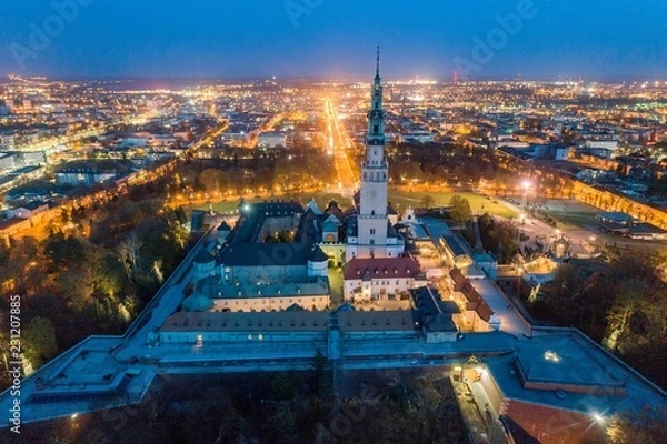 Obraz Night aerial drone view on Czestochowa and Jasna Gora monastery