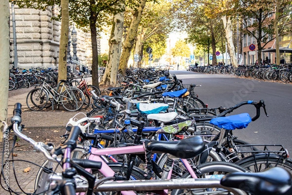Fototapeta Viele alte Fahrräder in Reihe am Ständer an der Bibliothek der Universität Leipzig