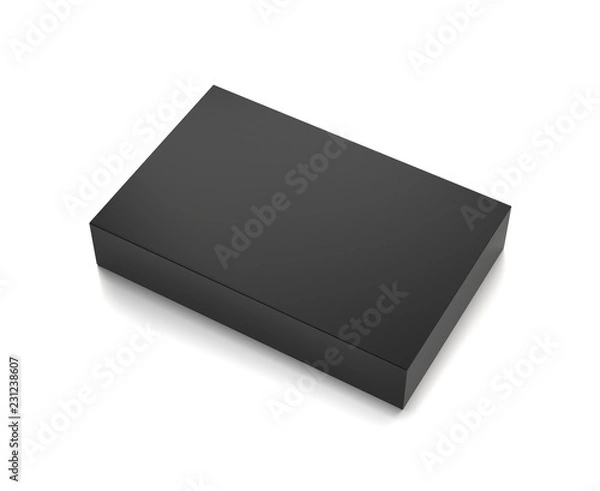 Fototapeta Black horizontal thin blank box from front top side far angle. 3D illustration isolated on white background.