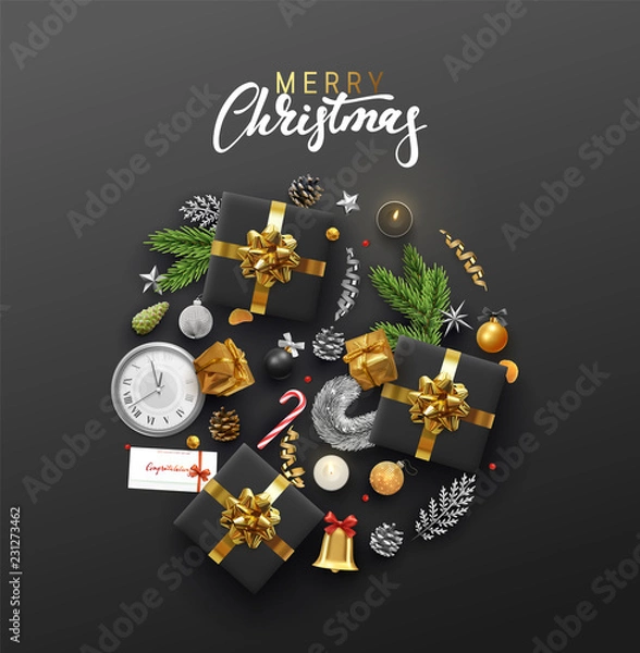 Fototapeta Christmas greeting card with holiday objects. Merry Christmas and happy new year. Background with gift box and balls design. Postcard with clocks, candles and fir branches. Xmas decoration elements.