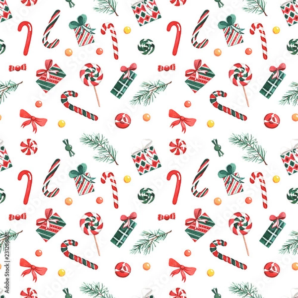 Fototapeta The pattern with watercolors New Year's decorations, gifts and sweets.