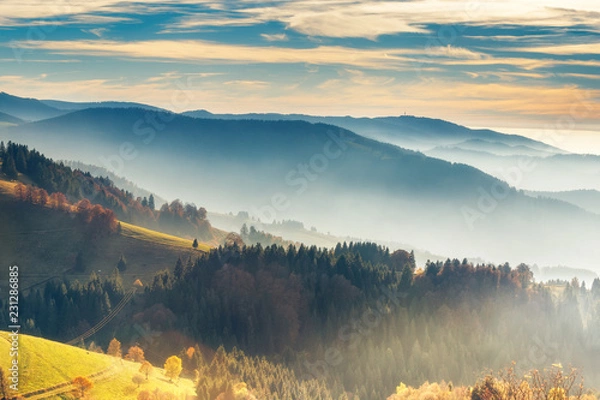 Fototapeta Scenic mountain landscape. View on the Black Forest, Germany, covered in fog. Colorful travel background.