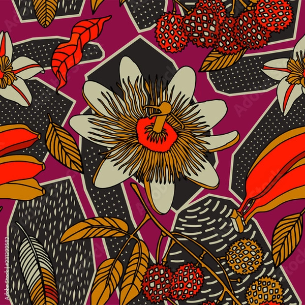 Fototapeta Print flowers and fruits. Tropical pattern.