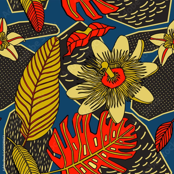 Fototapeta Print flowers and fruits. Tropical pattern.