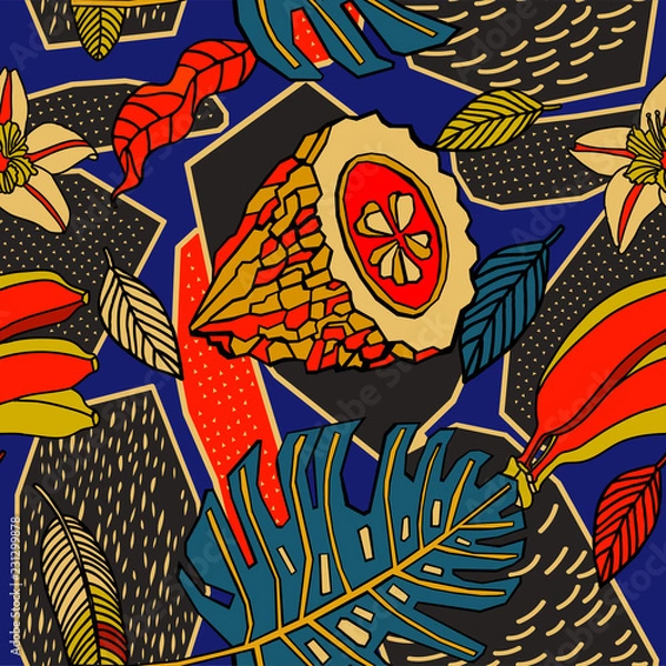 Fototapeta Print flowers and fruits. Tropical pattern.