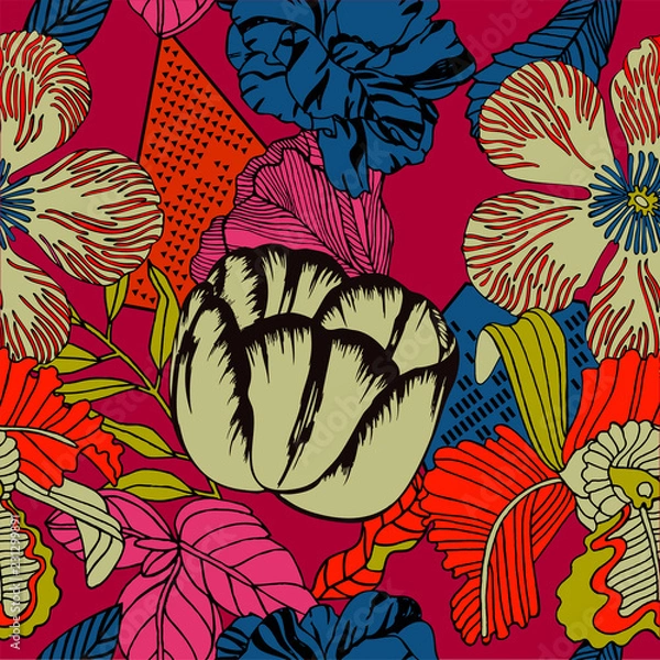 Fototapeta Print flowers and fruits. Tropical pattern.