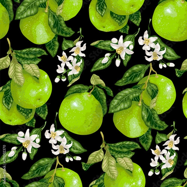 Obraz Seamless pattern with pomelo fruits, citrus fruits and flowers in vector