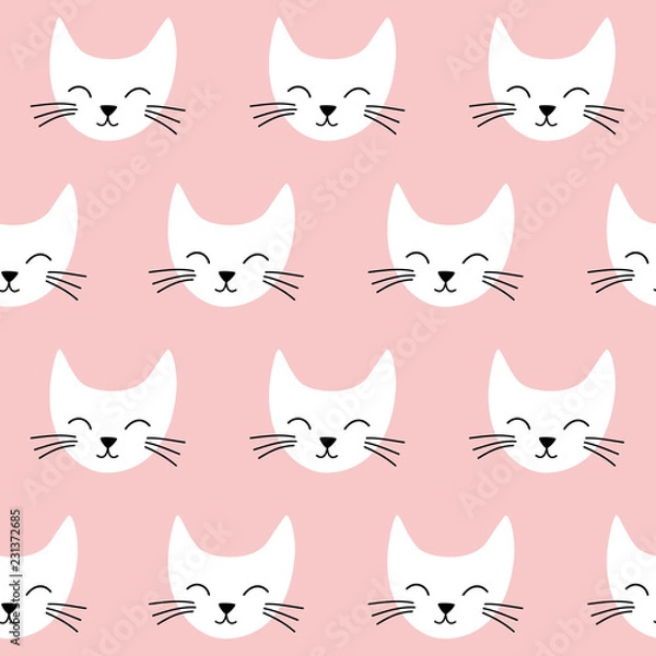 Fototapeta Seamless vector pattern with cats. Smiling cute cats background. 