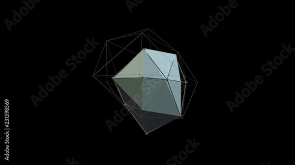 Fototapeta 3D illustration of a metal silver crystal of irregular shape, low polygonal abstract figure, on a black background. Futuristic design. 3D rendering, the idea of wealth and prosperity.
