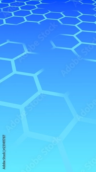 Fototapeta Translucent honeycomb on a gradient blue sky background. Perspective view on polygon look like honeycomb. Isometric geometry. Vertical image orientation. 3D illustration