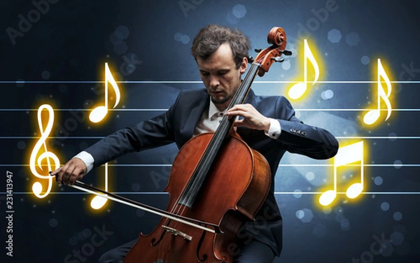 Fototapeta Young handsome cellist playing with music sheet background
