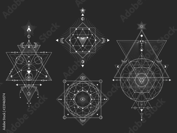 Fototapeta Vector set of Sacred geometric symbols and figures on black background. White abstract mystic signs collection drawn in lines.
